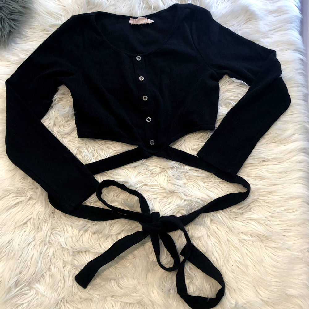 showpo black ribbed button front long sleeve wrap around tie top size 8